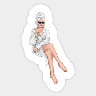 Beauty Woman with Coffee in White Robe Sticker